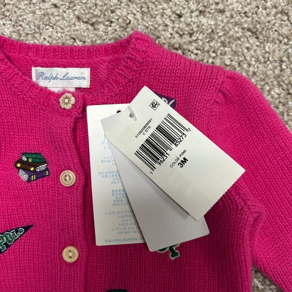 NWT Ralph Lauren Embroidered‎ Wool Blend Cardigan Baby Size 3M Pink Prep School